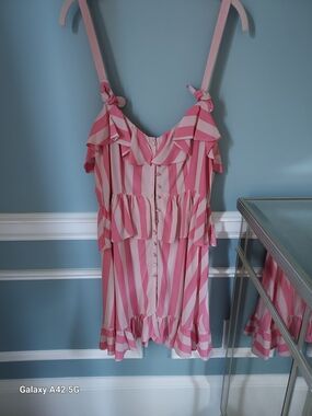 For Love & Lemons Pink and White Striped Ruffle Sundress